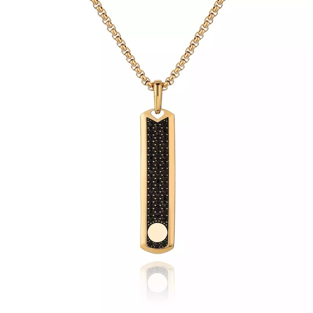 Yellow gold plated stainless steel black crystal tag pendant on chain.